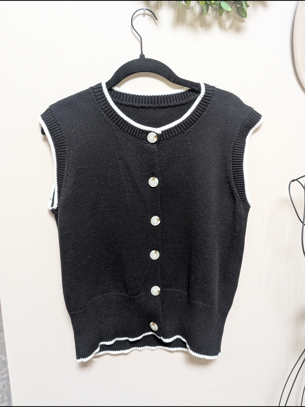 Black V-Neck Button Front Sweater Vest with White Trim